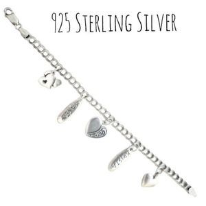 Double Link Charm Bracelet Heart Charms 925 Sterling Silver 7"